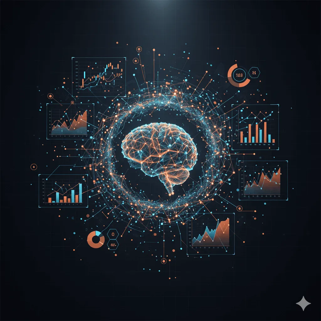 Análisis de datos estratégico para crecimiento digital, mostrando cerebro con redes neuronales y paneles de KPI.