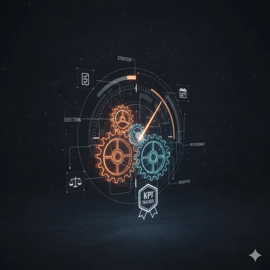 Engranajes de estrategia digital y ejecución con medidor de KPI, representando procesos optimizados y responsabilidad de resultados.