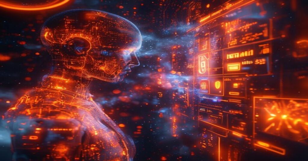 Ingeniero de IA analizando hologramas de desempeño en el espacio