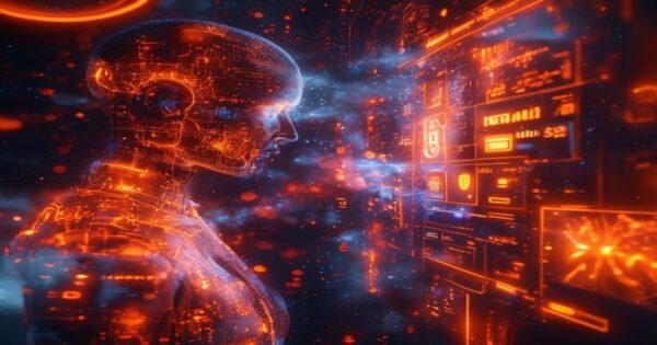 Ingeniero de IA analizando hologramas de desempeño en el espacio