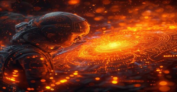 Ingeniero de IA analizando ingresos en un entorno holográfico espacial