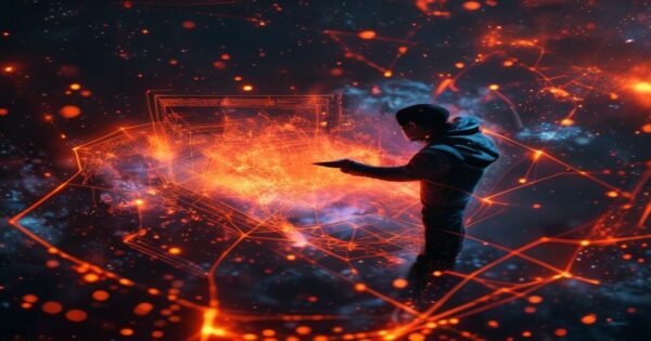 Ingeniero de IA manipulando hologramas de rendimiento web en el espacio