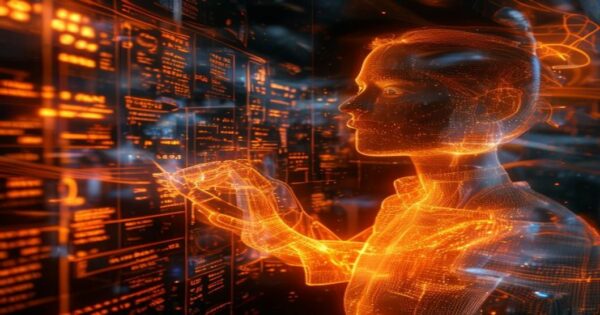 **: Ingeniero de IA analizando riesgos legales en un entorno holográfico