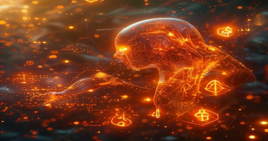 ...Ingeniero holográfico de IA optimizando campañas de publicidad en Facebook con hologramas naranjas y métricas de engagement...