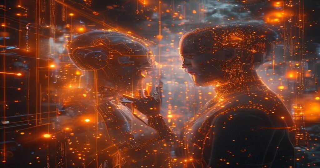 Ingeniero de IA holográfico diseñando arquitecturas de software en el espacio