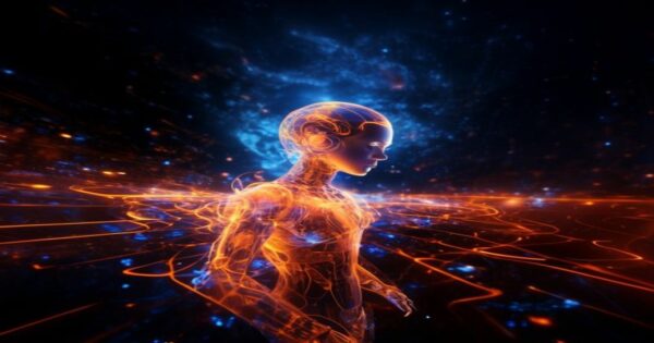 Ingeniero holográfico de DevOps en un entorno espacial, manipulando hologramas de código y servidores, rodeado de símbolos naranja y ámbar que representan la automatización y la optimización de procesos.