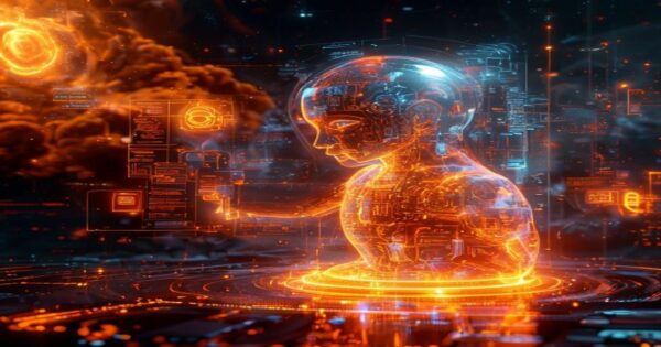 Ingeniero de IA manipulando hologramas de código y algoritmos en un entorno espacial, representando la fusión de la tecnología y la innovación.