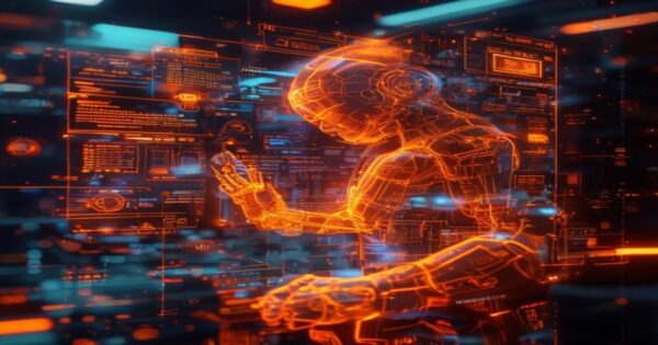 Ingeniero holográfico preparando reuniones con IA en el espacio.