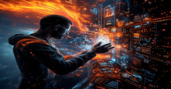 Holograma de ingeniero de IA auditando frameworks de cumplimiento con matrices regulatorias en nebulosas cósmicas.