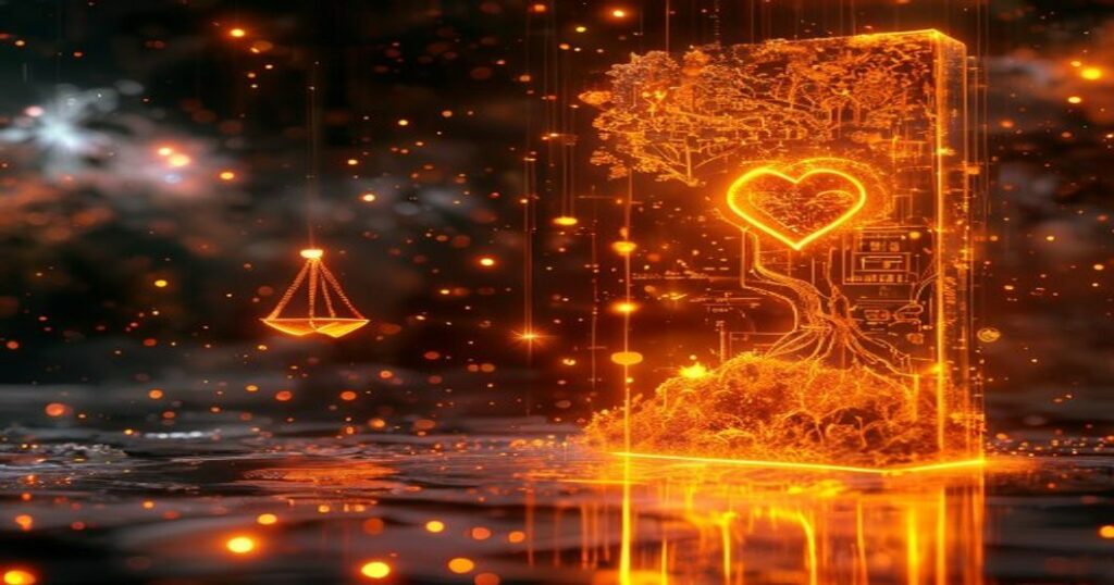 ...Ingeniero holográfico de IA analiza emociones y valores del cliente ideal con hologramas naranjas.