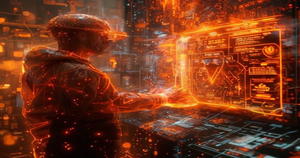 ...Ingeniero holográfico de IA diseñando ofertas exclusivas con datos comerciales en nebulosas ámbar.