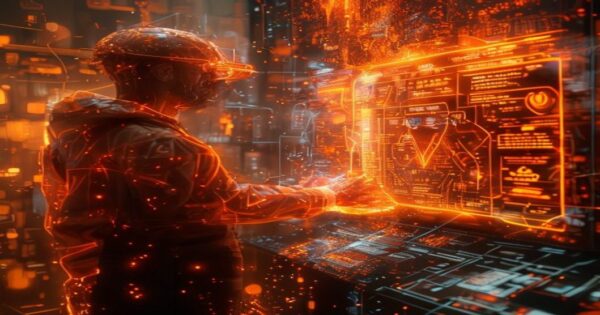 ...Ingeniero holográfico de IA diseñando ofertas exclusivas con datos comerciales en nebulosas ámbar.