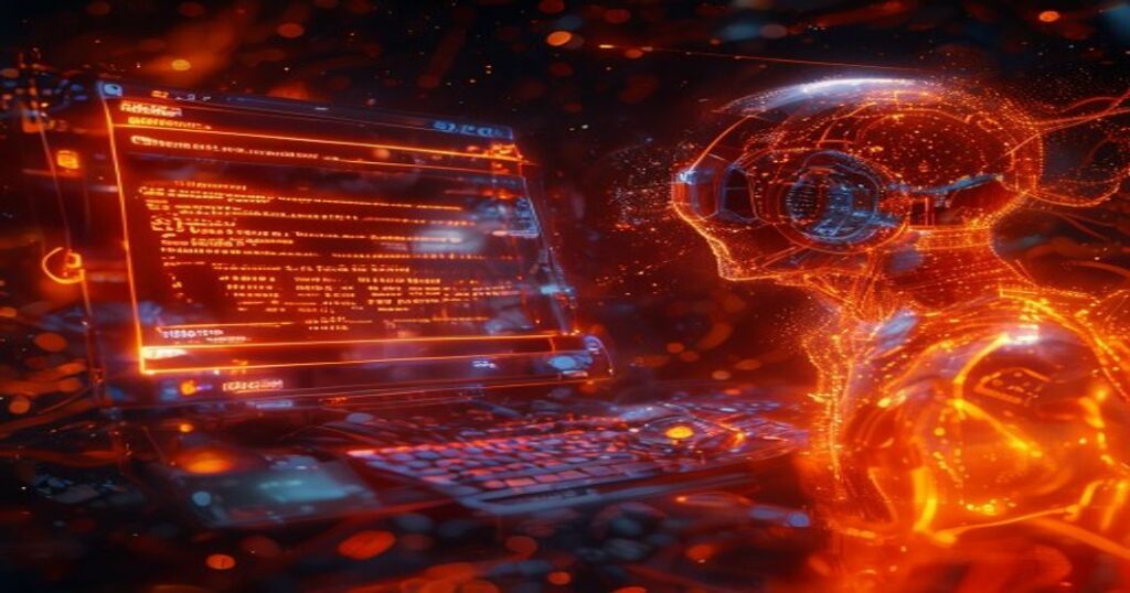 ...Holograma naranja de un ingeniero de IA editando consola JavaScript en un entorno cósmico