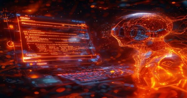 ...Holograma naranja de un ingeniero de IA editando consola JavaScript en un entorno cósmico