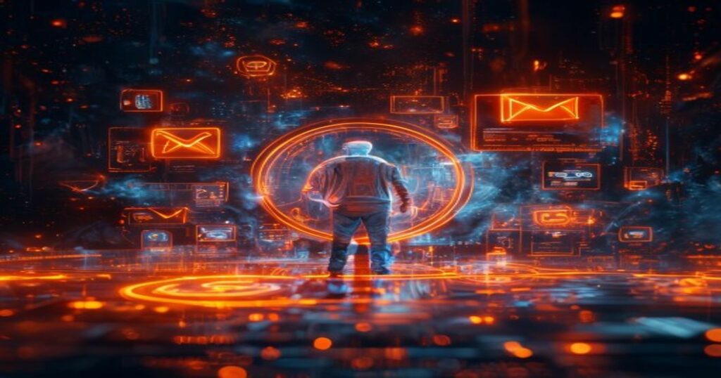 ...Un ingeniero holográfico de IA con luz naranja neón guía la creación de correos electrónicos fríos para vender productos, en un escenario de espacio profundo con nebulosas cálidas.