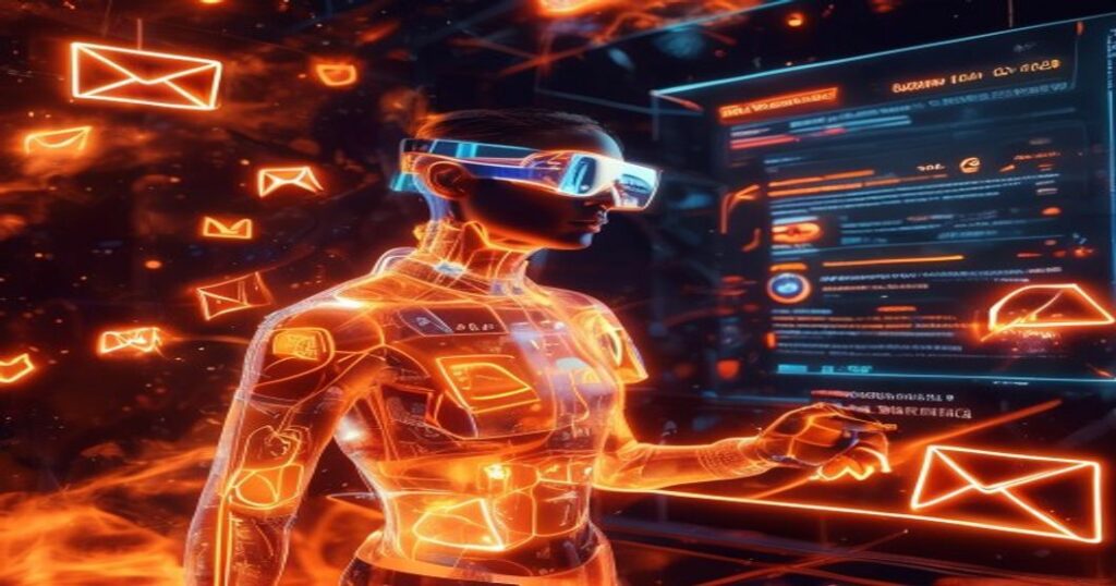 ...Ingeniero holográfico naranja analizando datos de email marketing para campañas persuasivas...