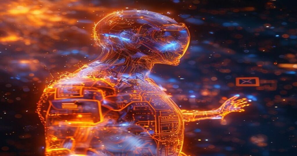 Ingeniero holográfico naranja optimizando emails persuasivos para conversiones de clientes ideales en marketing digital.