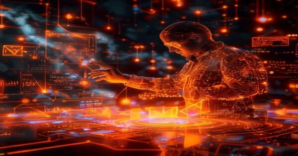 ...Ingeniero holográfico de IA optimizando correos para clientes potenciales con interfaz de marketing digital.