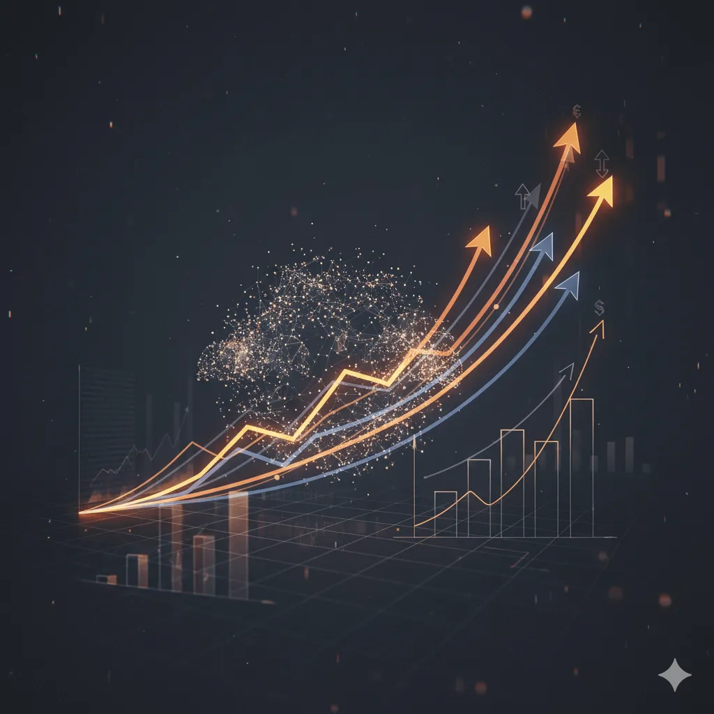 Gráfico de crecimiento digital con flechas ascendentes y barras de progreso, simbolizando resultados estratégicos y expansión.