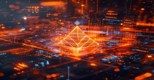 ...Ingeniero holográfico neón optimizando un embudo de growth hacking con métricas AARRR en un escenario de espacio profundo.