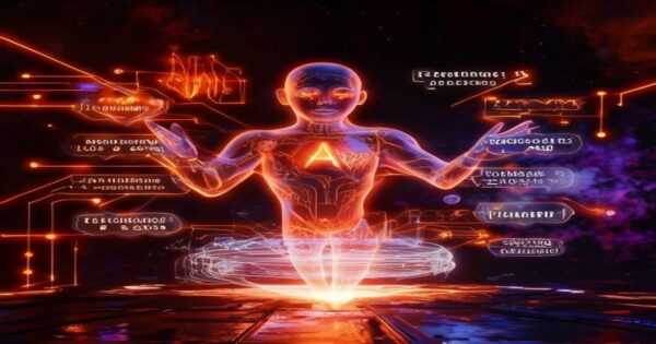 ...Ingeniero holográfico de IA diseñando estrategias de marketing emocional con símbolos brillantes en un cosmos cálido.