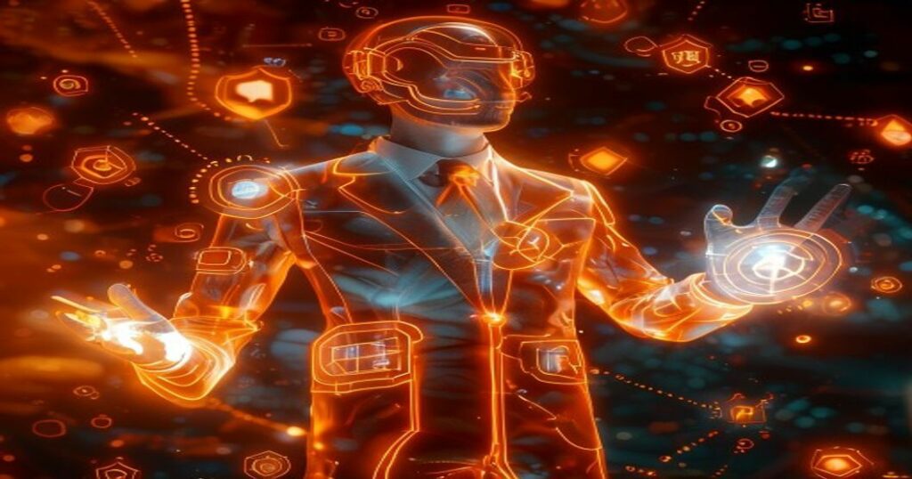 ...Ingeniero holográfico AIDA creando campañas de marketing con símbolos neón naranja y nebulosas espaciales.