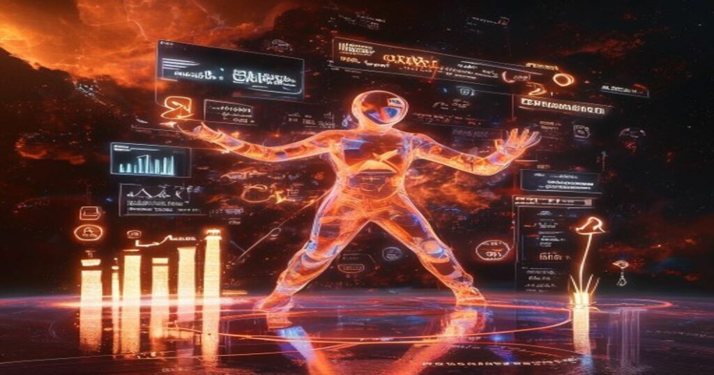 ...Ingeniero holográfico naranja diseña esquemas de marketing con frameworks de copywriting en un cosmos de datos cálidos...