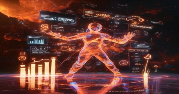 ...Ingeniero holográfico naranja diseña esquemas de marketing con frameworks de copywriting en un cosmos de datos cálidos...