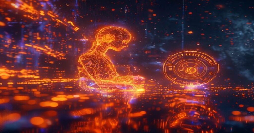 ...Ingeniero holográfico naranja neón aplicando sesgo de confirmación en campañas de marketing digital.