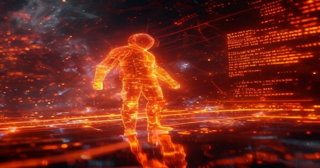 ...Ingeniero holográfico de IA generando patrones de expresiones regulares en código naranja sobre fondo de nebulosas cósmicas.