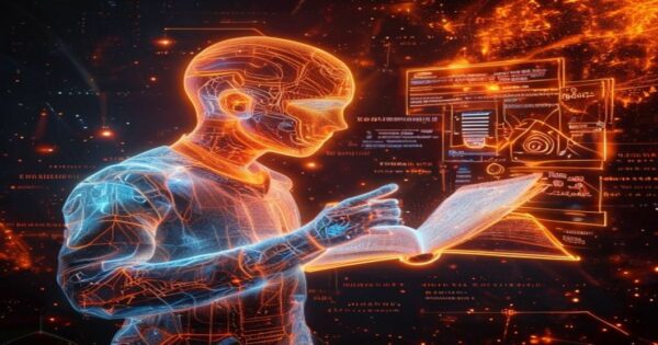 ...Ingeniero holográfico de IA educando a clientes mediante prompts de podcast en un escenario de espacio profundo con nebulosas cálidas.