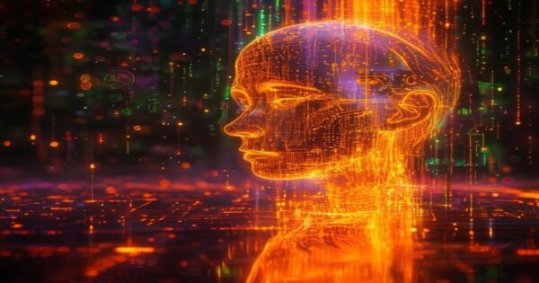 Ingeniero de IA proyectando hologramas de testimonios para podcasts de marketing y ventas.