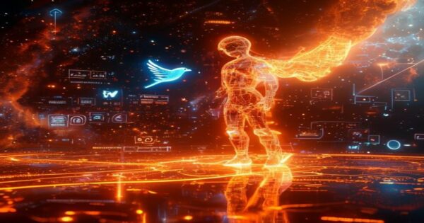 ...Ingeniero holográfico naranja neón diseñando un hilo de Twitter sobre productividad para autónomos creativos en un espacio cósmico futurista.