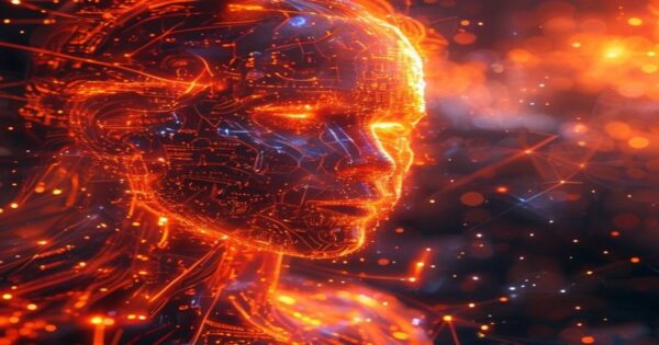 ...Ingeniero de IA holográfico de luz naranja diseña narrativas para hilos de Twitter en el espacio profundo.