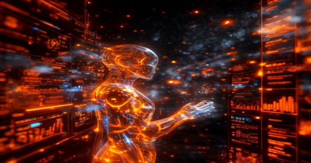 ...Ingeniero de IA comparando productos holográficamente en un escenario de espacio profundo con nebulosas cálidas.