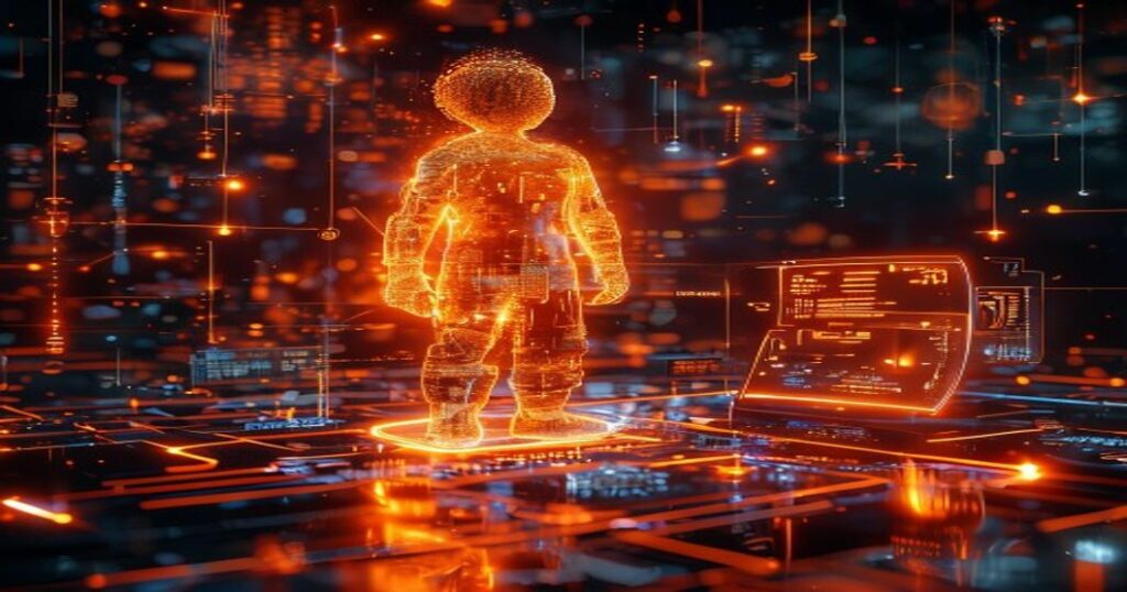 ...Ingeniero holográfico naranja manipula símbolos de Twitter para generar hilos de leads con IA.