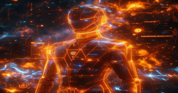 ...Ingeniero holográfico de IA optimizando estrategias de autenticidad en historias de Instagram con hologramas naranjas.