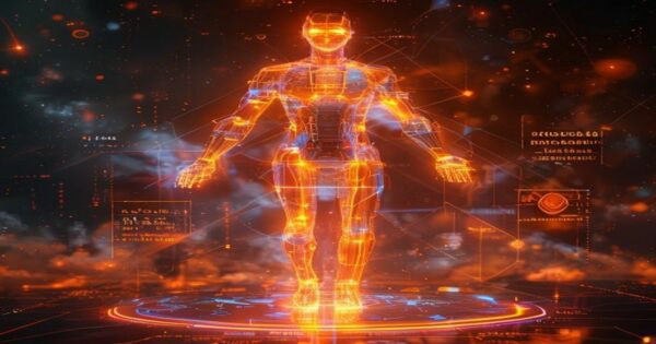 ...Ingeniero holográfico naranja neón optimizando estrategias de branding en Instagram con interfaces de credibilidad desde el espacio profundo.