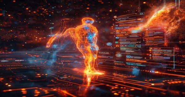 ...Ingeniero holográfico de IA analiza comparativas de software para historias de Instagram con datos naranjas y ámbbar.