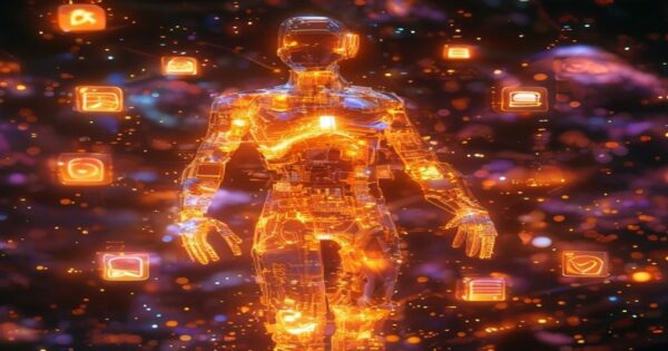 ...Un ingeniero holográfico de IA en tonos naranja neón manipula símbolos de redes sociales dentro de una nebulosa espacial, generando ideas para historias de Instagram que impulsen reseñas positivas.