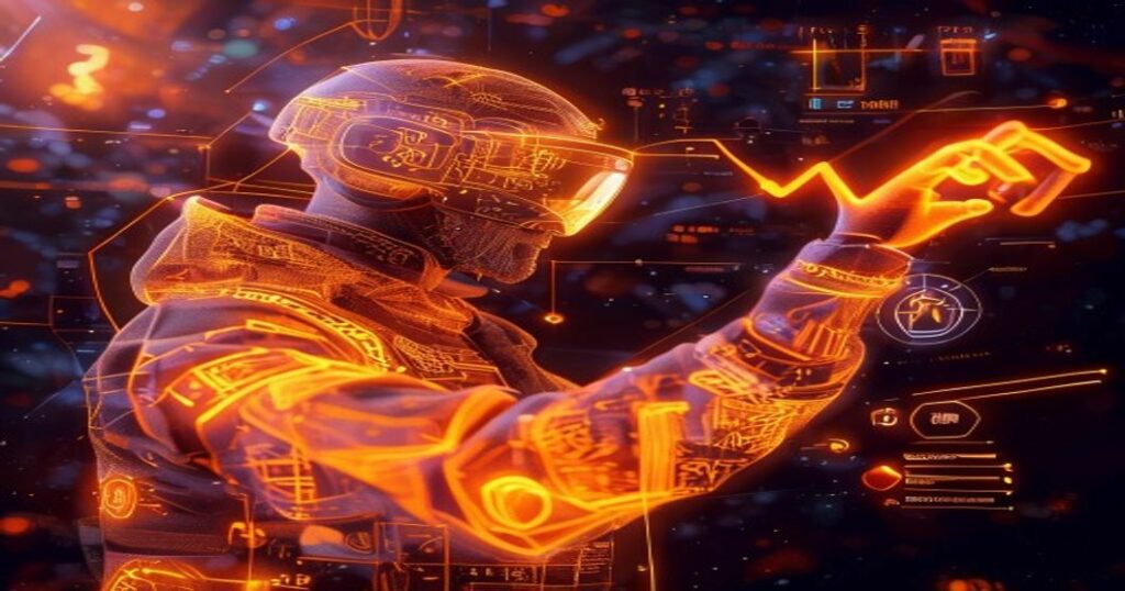 ...Ingeniero holográfico de IA promocionando app de comidas saludables con hologramas naranjas y símbolos de suscripción premium...