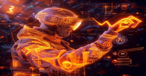 ...Ingeniero holográfico de IA promocionando app de comidas saludables con hologramas naranjas y símbolos de suscripción premium...