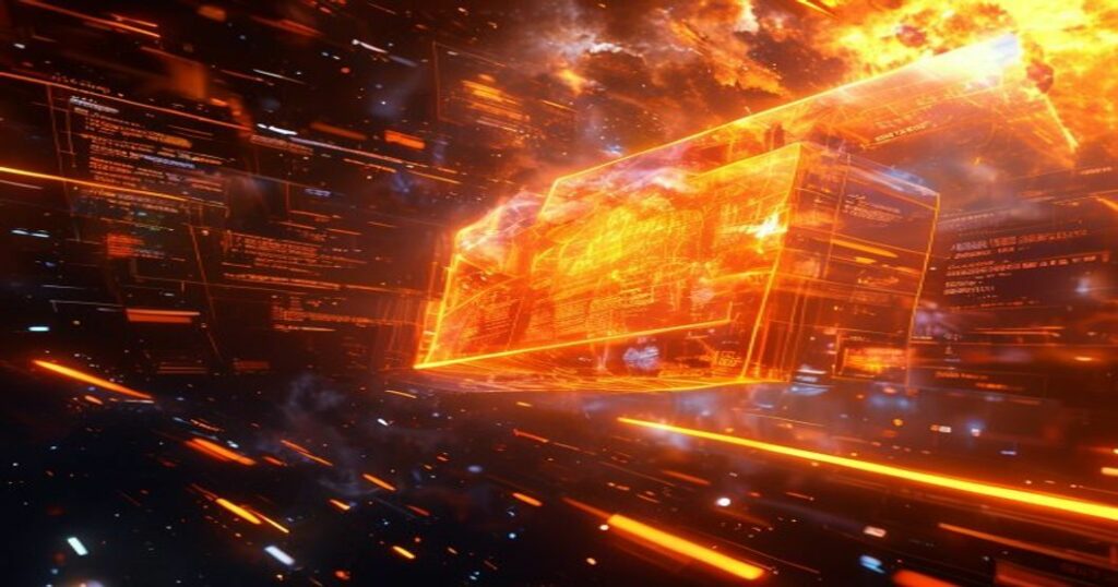 ...Ingeniero holográfico naranja ejecutando código Python en el espacio profundo con símbolos de programación.