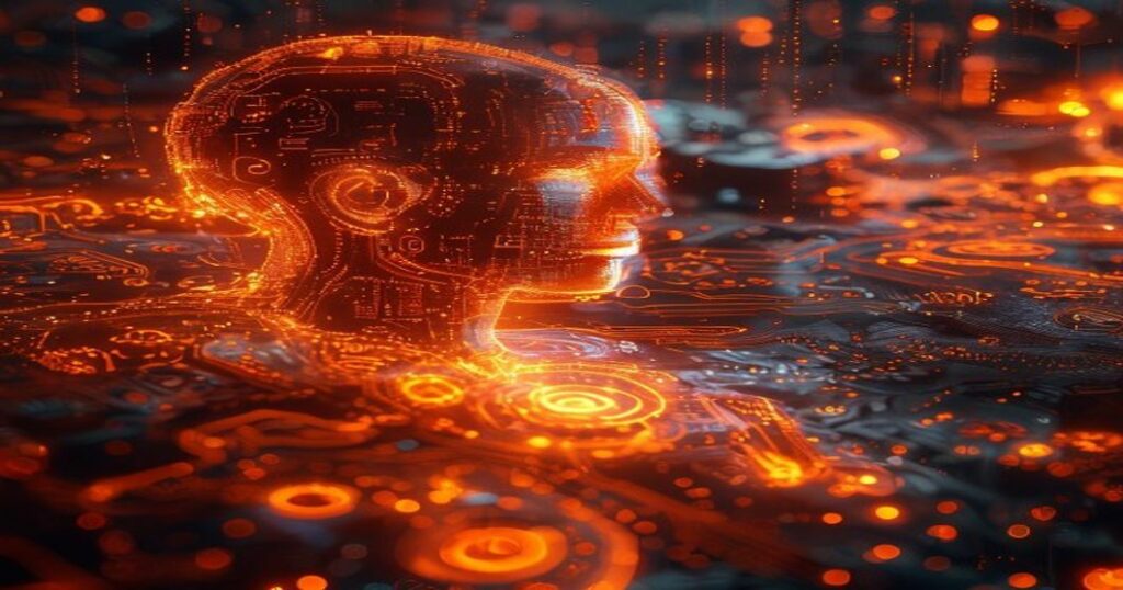 ...Ingeniero holográfico naranja configura máquina CNC desde el espacio profundo.