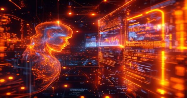 **...Ingeniero de IA proyectando un esquema holográfico de marketing de influencers con métricas y conexión de datos en un entorno cósmico...