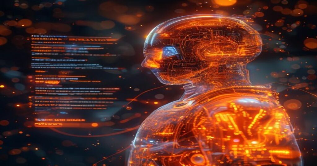 ...**Ingeniero holográfico de IA optimizando mensajes directos en frío para persuadir clientes, con datos en tonos naranjas.**