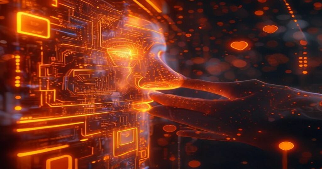 ...Ingeniero holográfico de IA creando mensajes auténticos para redes sociales en un entorno de espacio profundo con nebulosas cálidas.