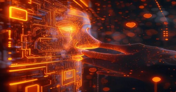 ...Ingeniero holográfico de IA creando mensajes auténticos para redes sociales en un entorno de espacio profundo con nebulosas cálidas.