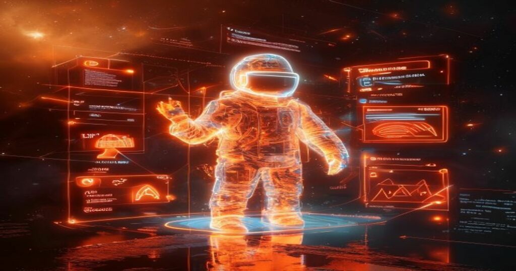 ...Holograma naranja de ingeniero de IA aplicando la Ley del Contraste en marketing digital...