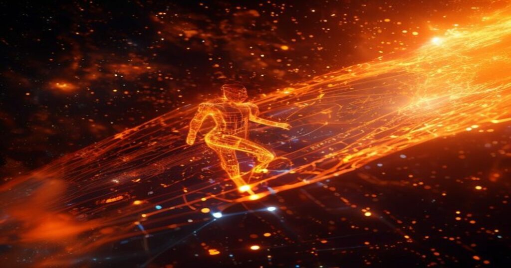 ...Ingeniero holográfico naranja neón analizando falacia del costo hundido en marketing con esquemas de campaña futurista.